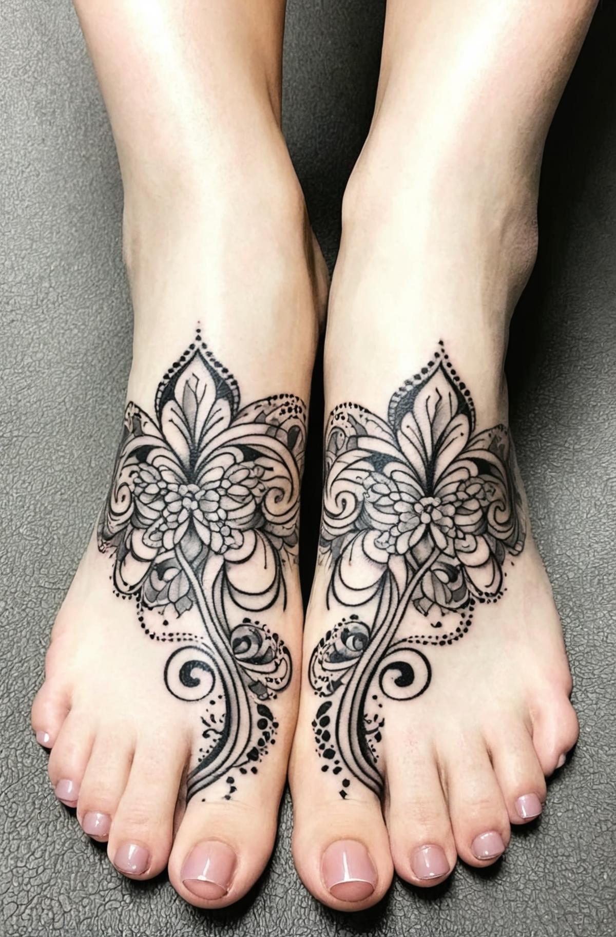 Ornemental  black grey abstract arabesques fleurs tattoo  foot